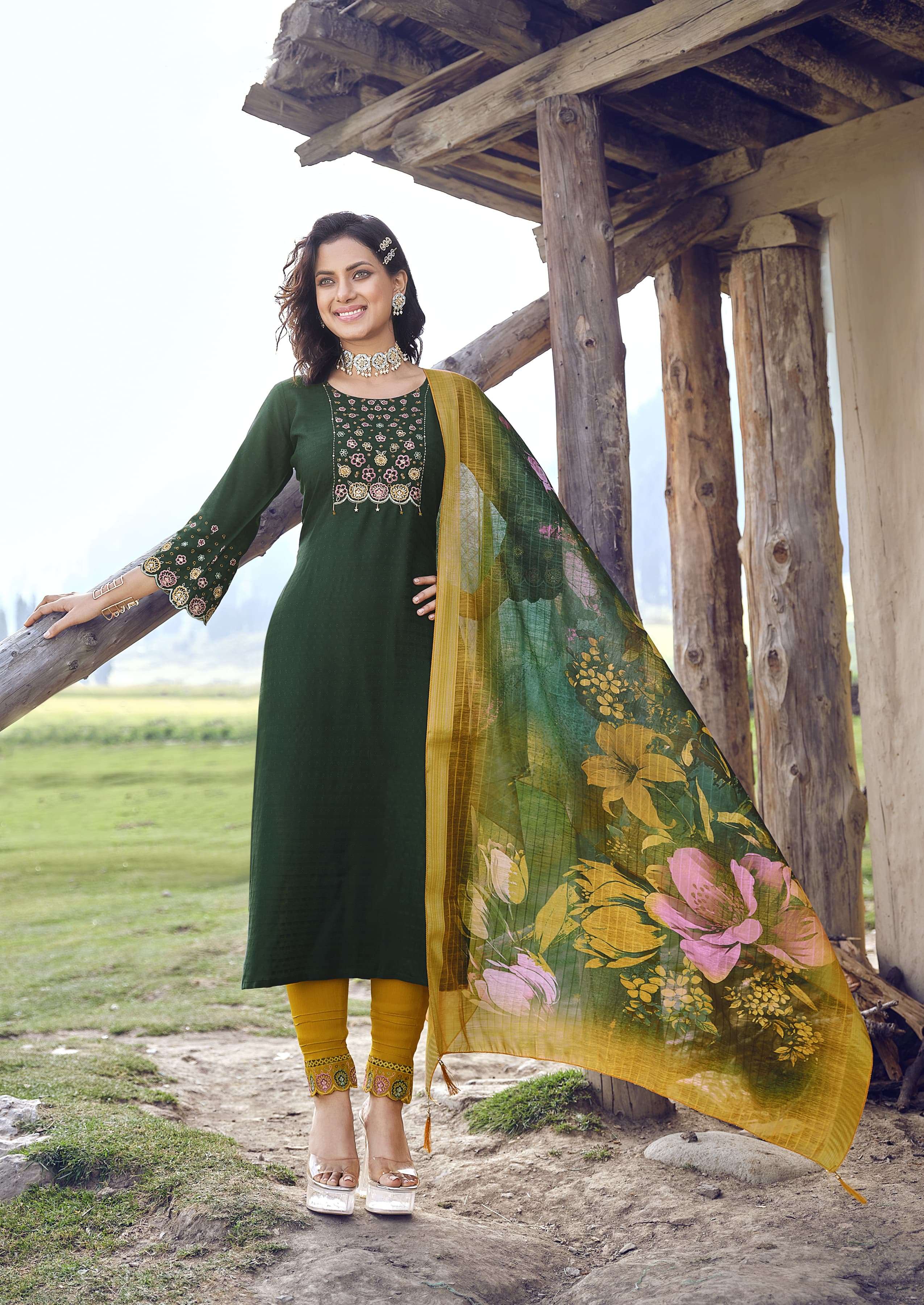 HAZEL LIVA TAG VISCOSE  THREAD HANDWORK KURTI WITH RAYON SLUB LYCRA PANT AND DIGITAL JACQUARD DUPATTA BY KARISSA BRAND 1006